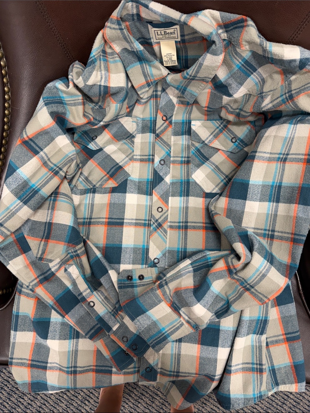 L.L. Bean Teal, Orange and White Plaid Button-Front Shirt